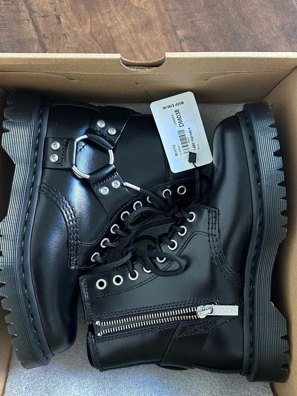 Dr. Marteen Black Combat Boots with Side Zipper and Ring Hardware